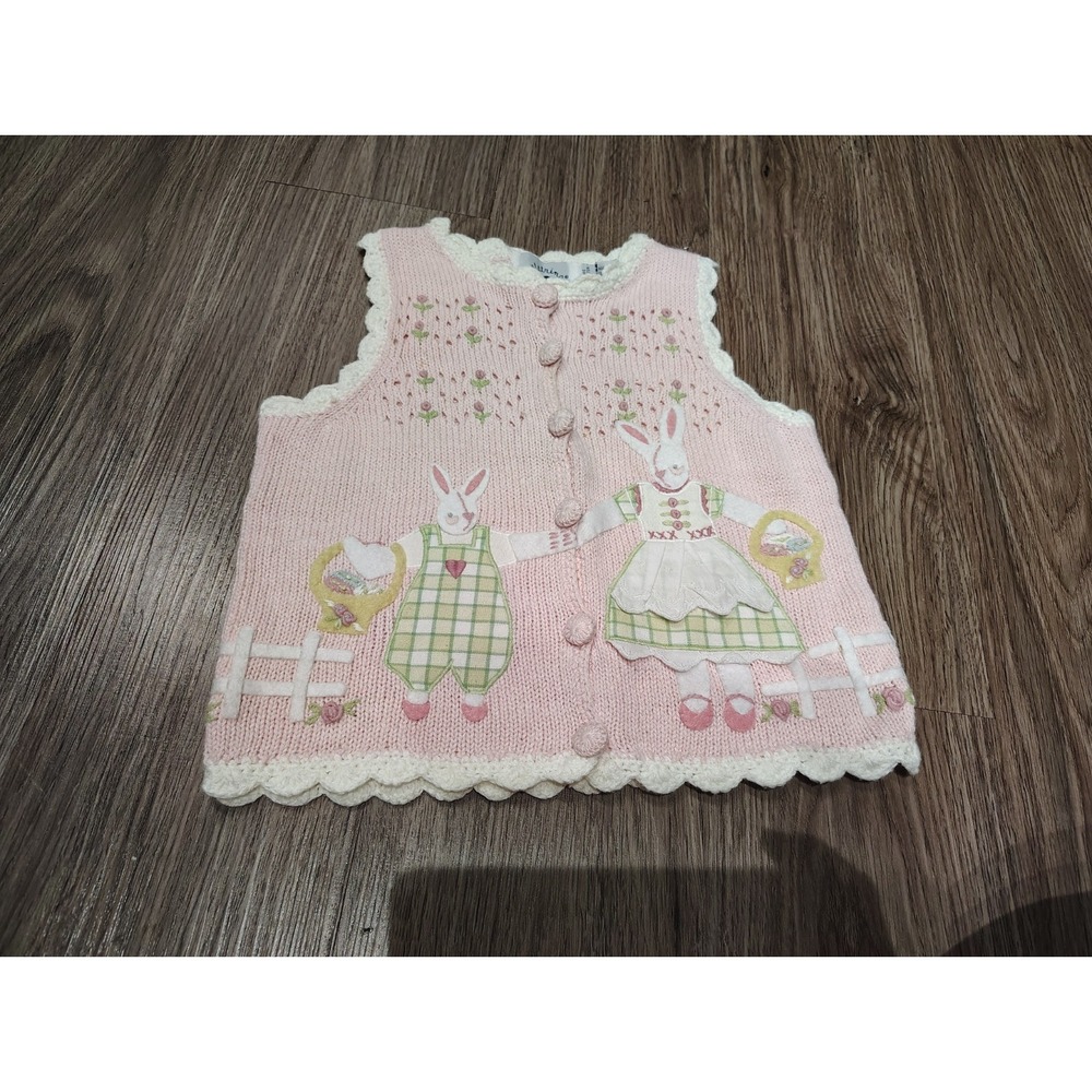 Vintage Knit Bunny Sweater Vest Easter Girls Size 4 Pink